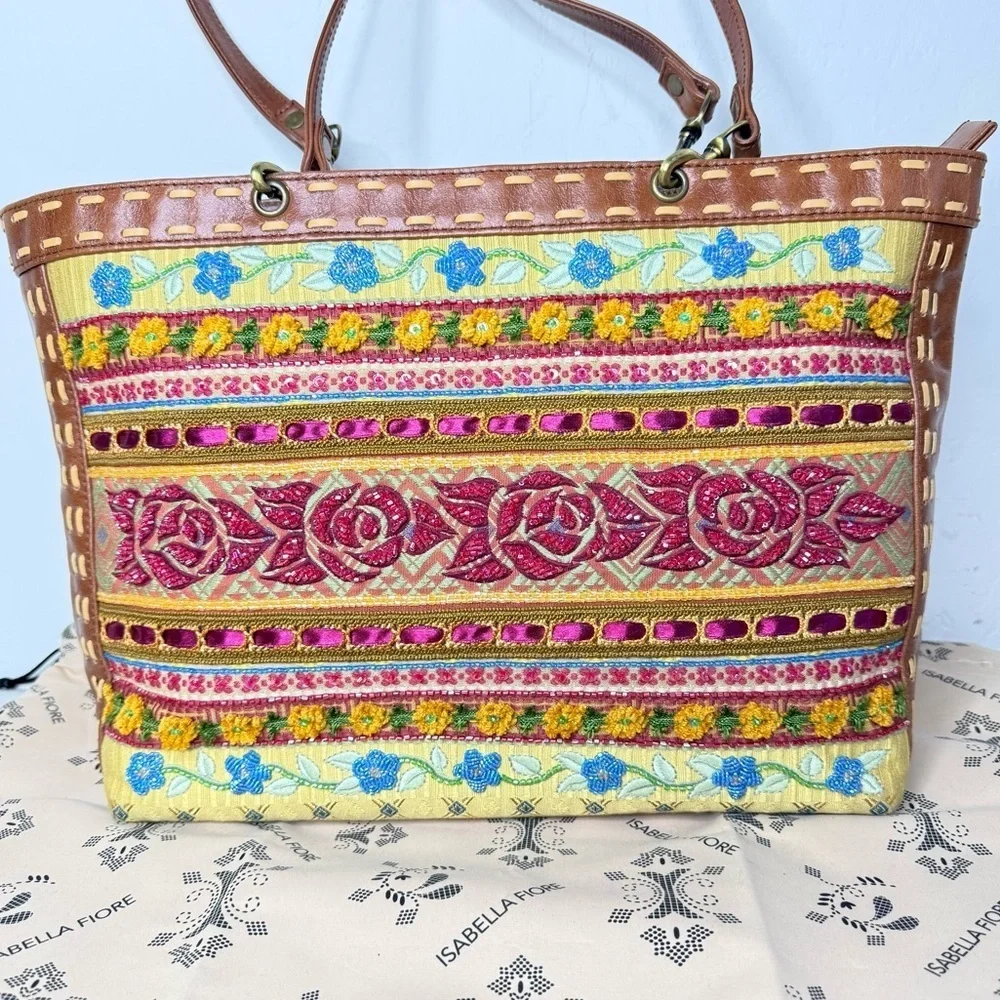 Isabella Fiore Limited Edition Beaded Embroidered Handmade Tote Leather Bag Rare